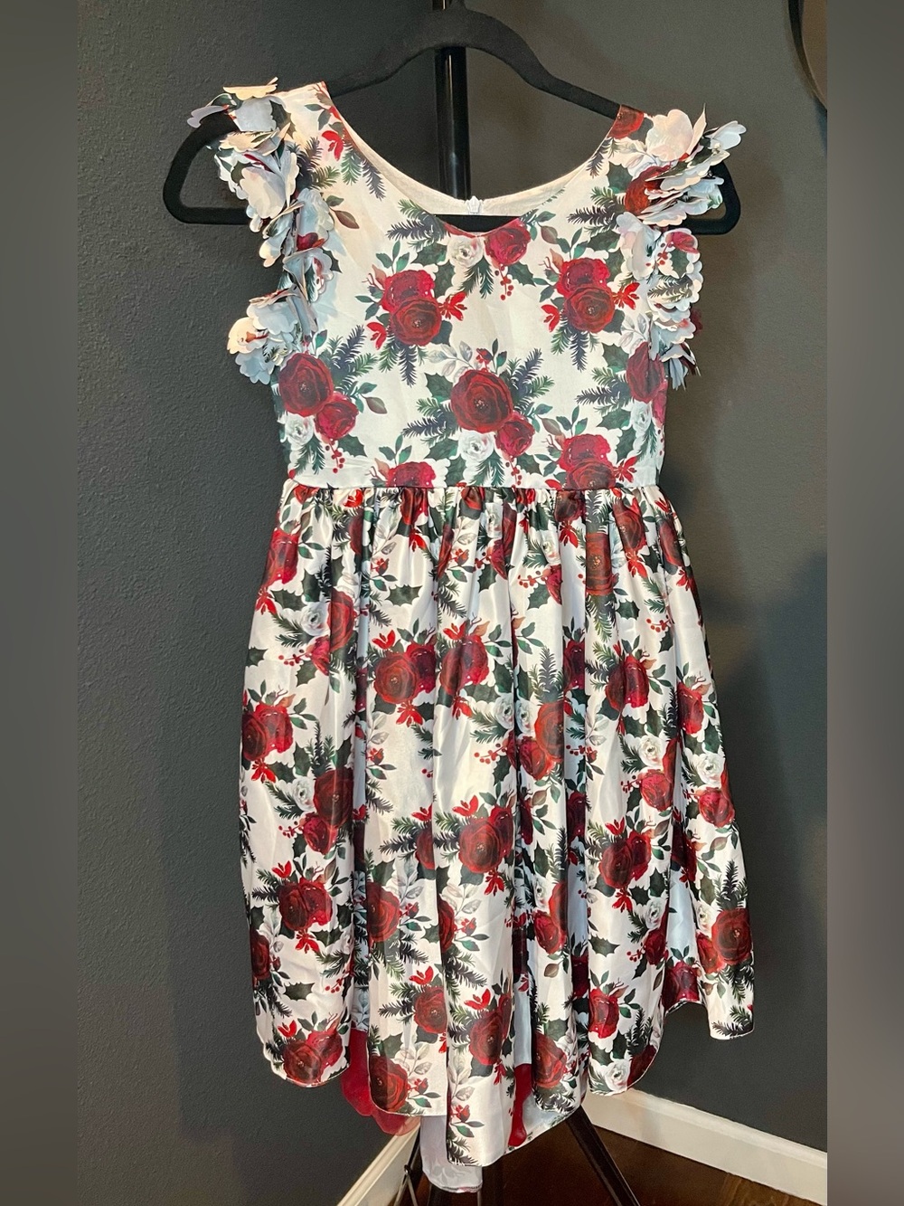 Girls White High Low Dress with Red Rose Print and Ruffle Sleeves